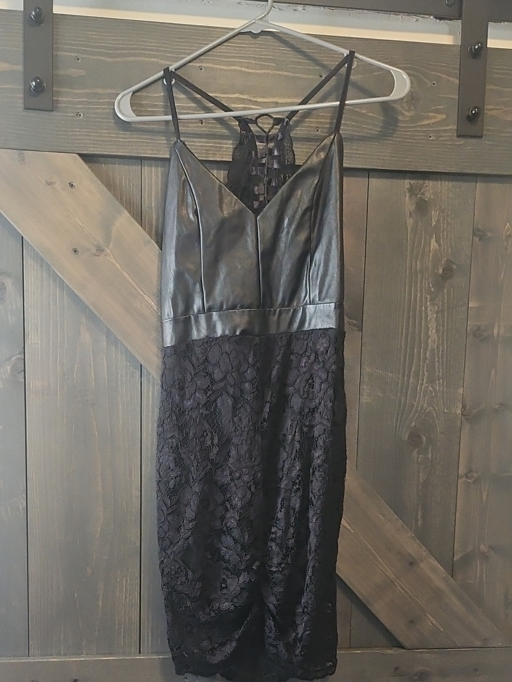 Black Lace & Faux Leather Spaghetti-Strap Dress